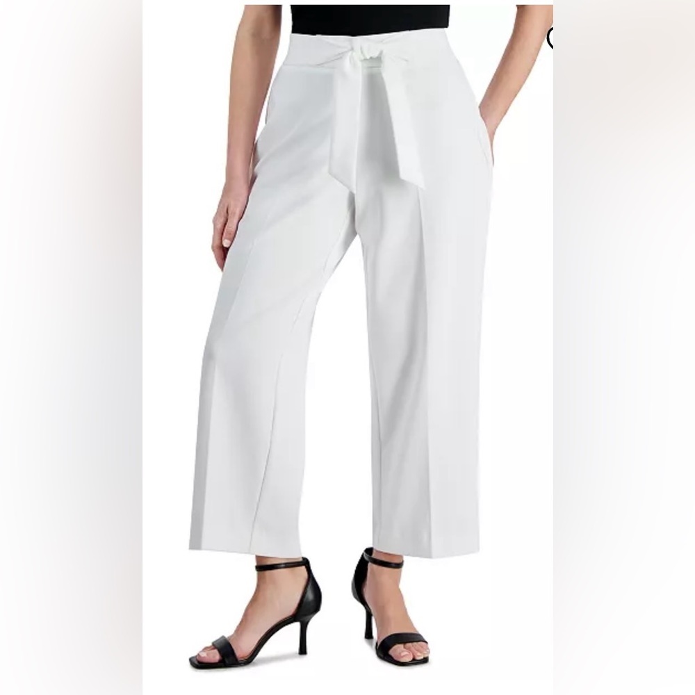 Anne Klein NWT Petite Mid Rise Tie Waist Wide Leg Pants Bright Whiter PM